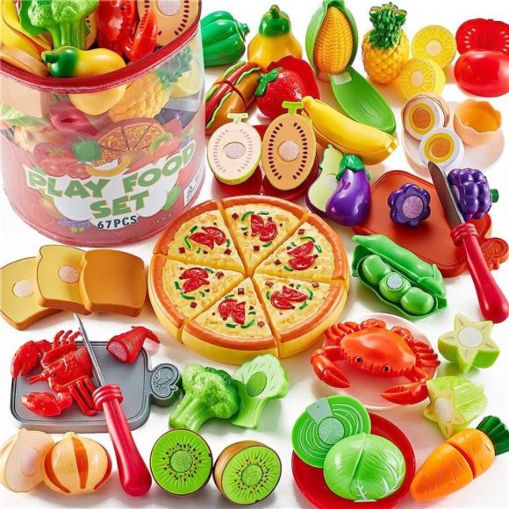67Pc Pretend Play Food Sets for Kids Kitchen, Pizza Toy Food & Cutting Fake Food